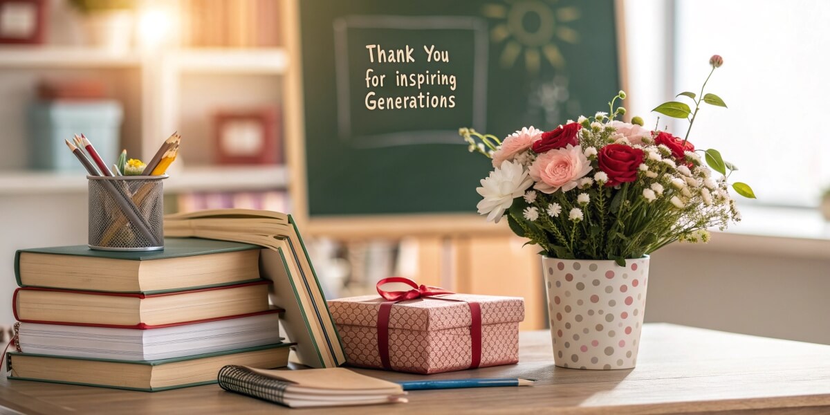 A beautifully decorated teacher's desk featuring a stack of books, a pencil holder, a wrapped gift box with a ribbon, and a vibrant bouquet of flowers in a polka dot vase. In the background, a chalkboard displays the message, 'Thank You for Inspiring Generations,' set in a bright classroom with warm lighting.